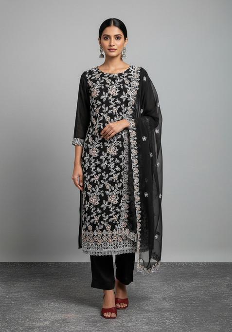 Black Embroidery Georgette Kurta Set