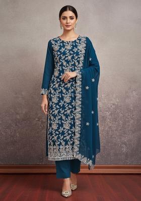 Teal Embroidery Georgette Kurta Set