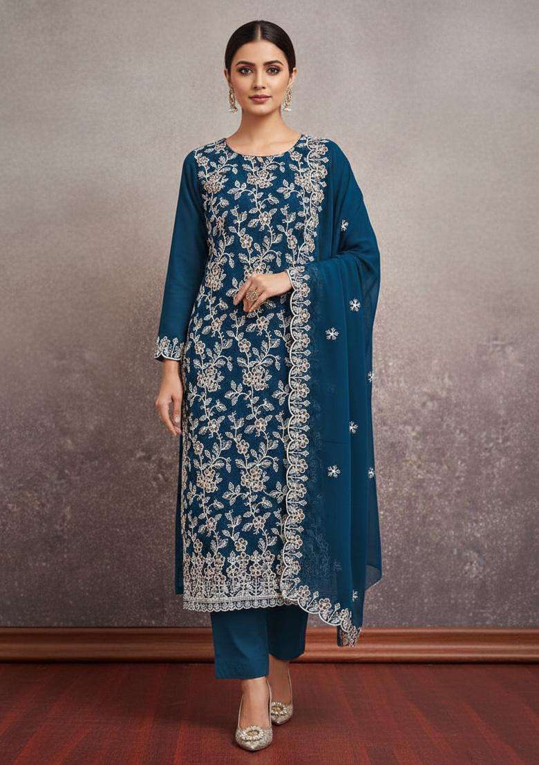 Teal Embroidery Georgette Kurta Set - Indya