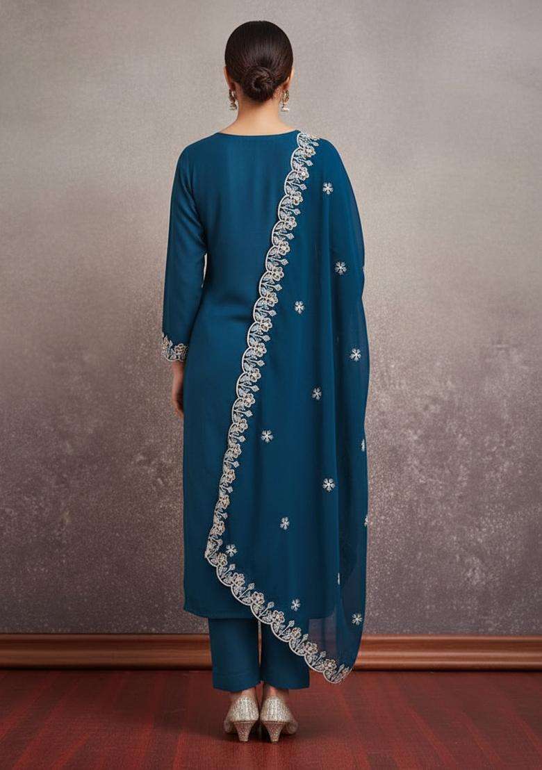 Teal Embroidery Georgette Kurta Set - Indya