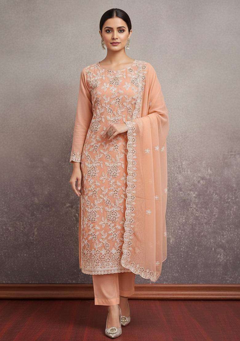 Cream Embroidery Georgette Kurta Set - Indya