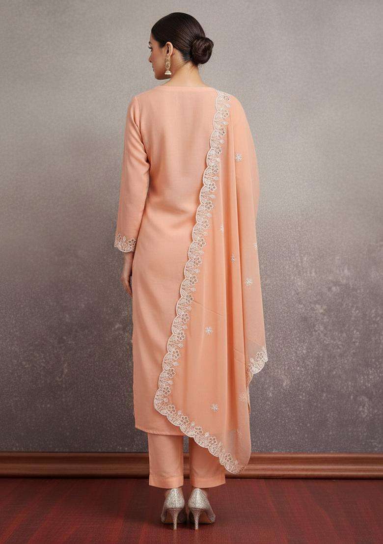 Cream Embroidery Georgette Kurta Set - Indya