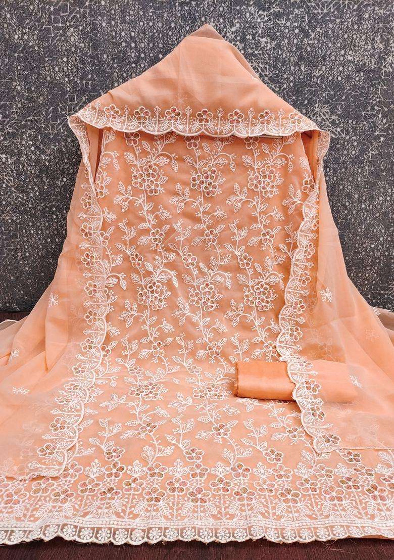 Cream Embroidery Georgette Kurta Set - Indya