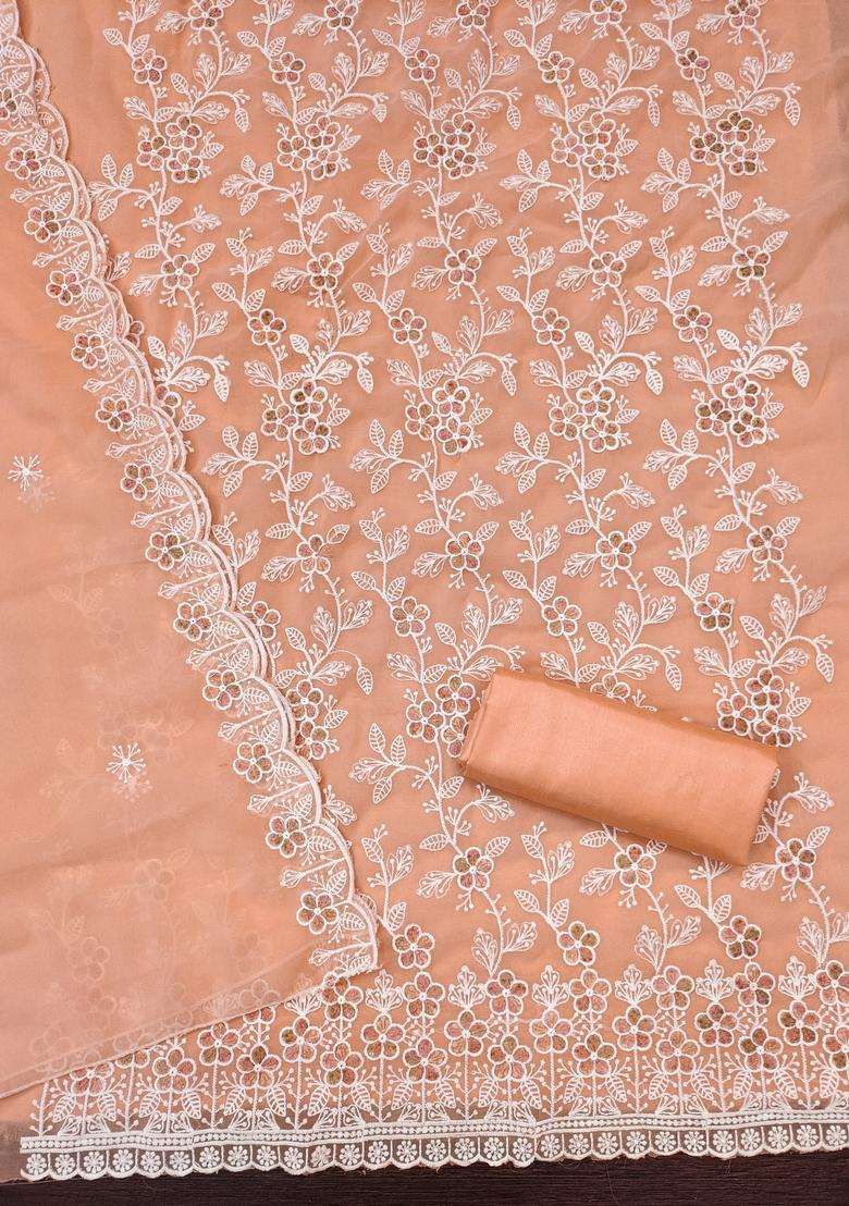Cream Embroidery Georgette Kurta Set - Indya