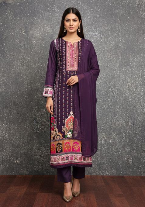 Purple Embroidery Rayon Kurta Set