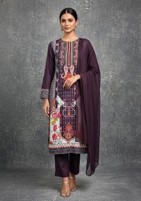 Wine Embroidery Rayon Kurta Set
