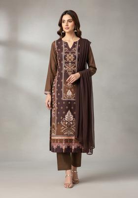 Brown Embroidery Rayon Kurta Set