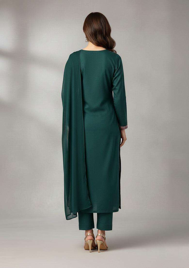 Teal Embroidery Rayon Kurta Set - Indya