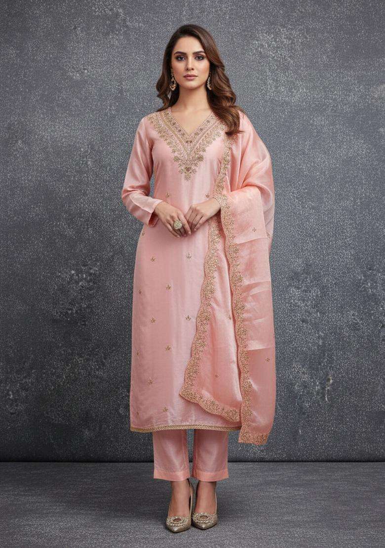Cream Embroidery Cotton Kurta Set - Indya