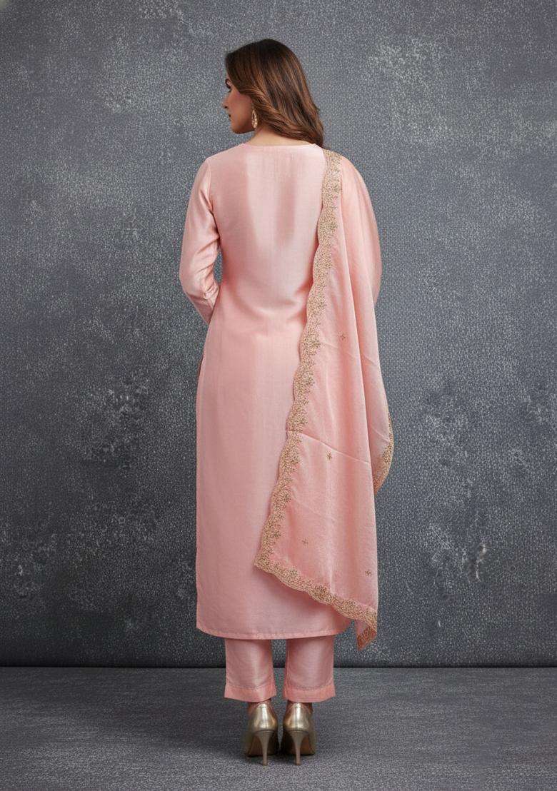 Cream Embroidery Cotton Kurta Set - Indya