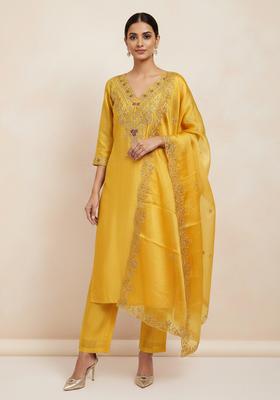 Yellow Embroidery Cotton Kurta Set