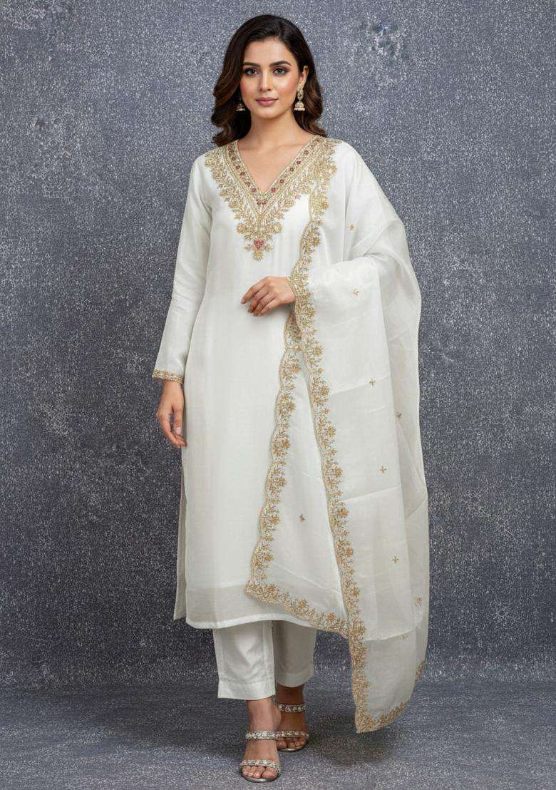 White Embroidery Cotton Kurta Set - Indya