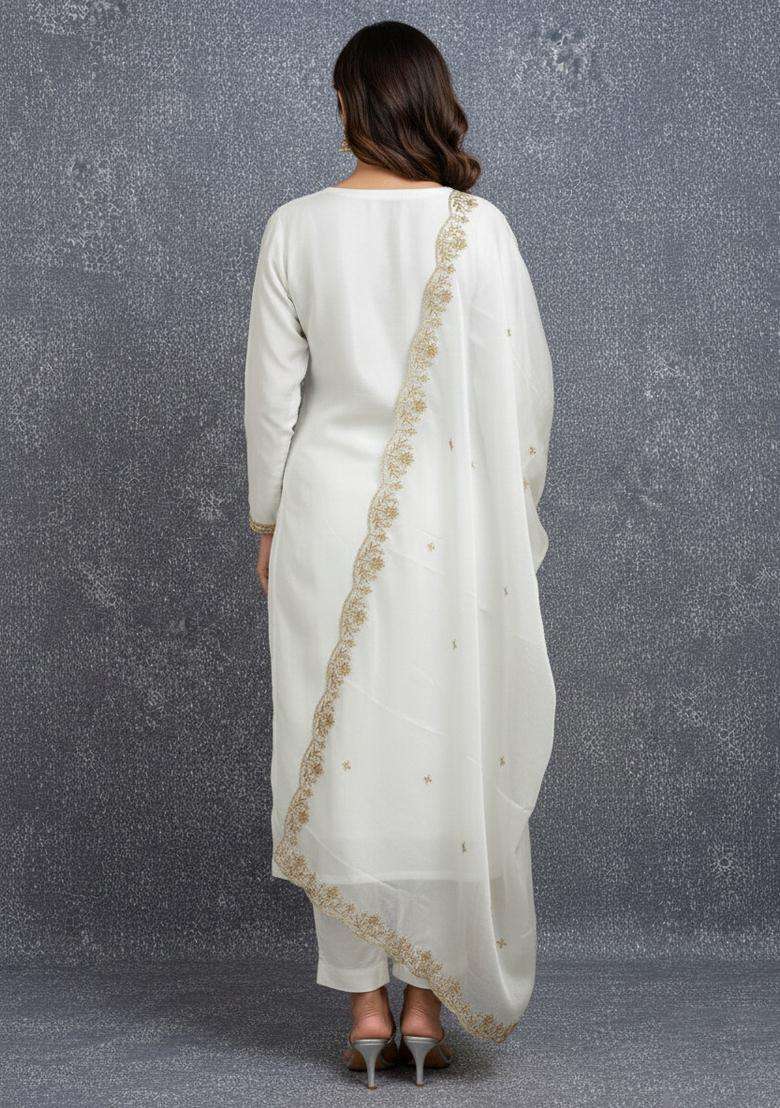 White Embroidery Cotton Kurta Set - Indya