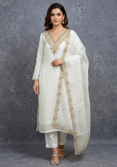 White Embroidery Cotton Kurta Set