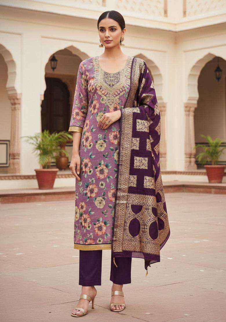 Lavender Embroidery Chanderi Kurta Set - Indya