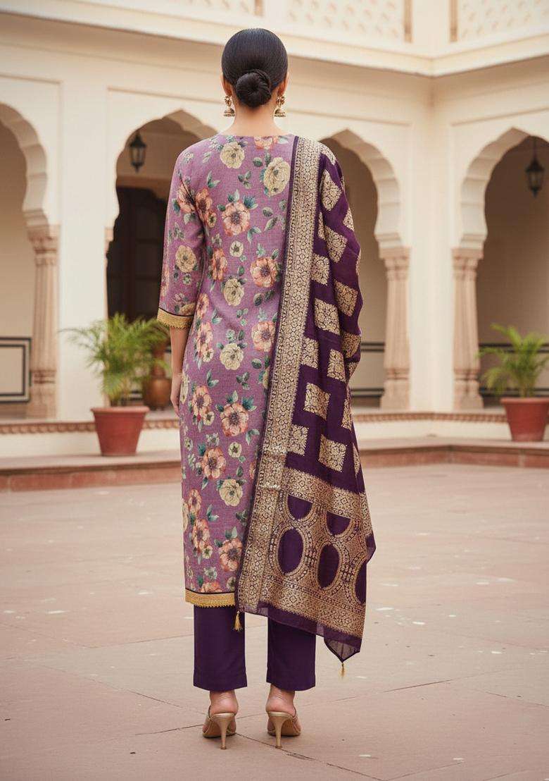 Lavender Embroidery Chanderi Kurta Set - Indya