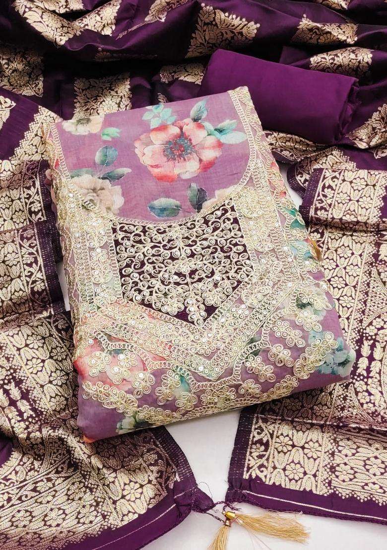 Lavender Embroidery Chanderi Kurta Set - Indya