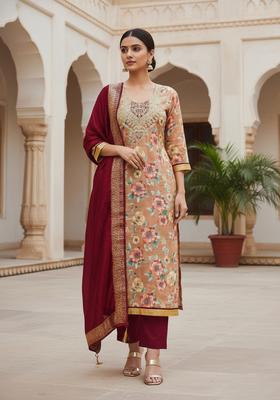 Beige Embroidery Chanderi Kurta Set