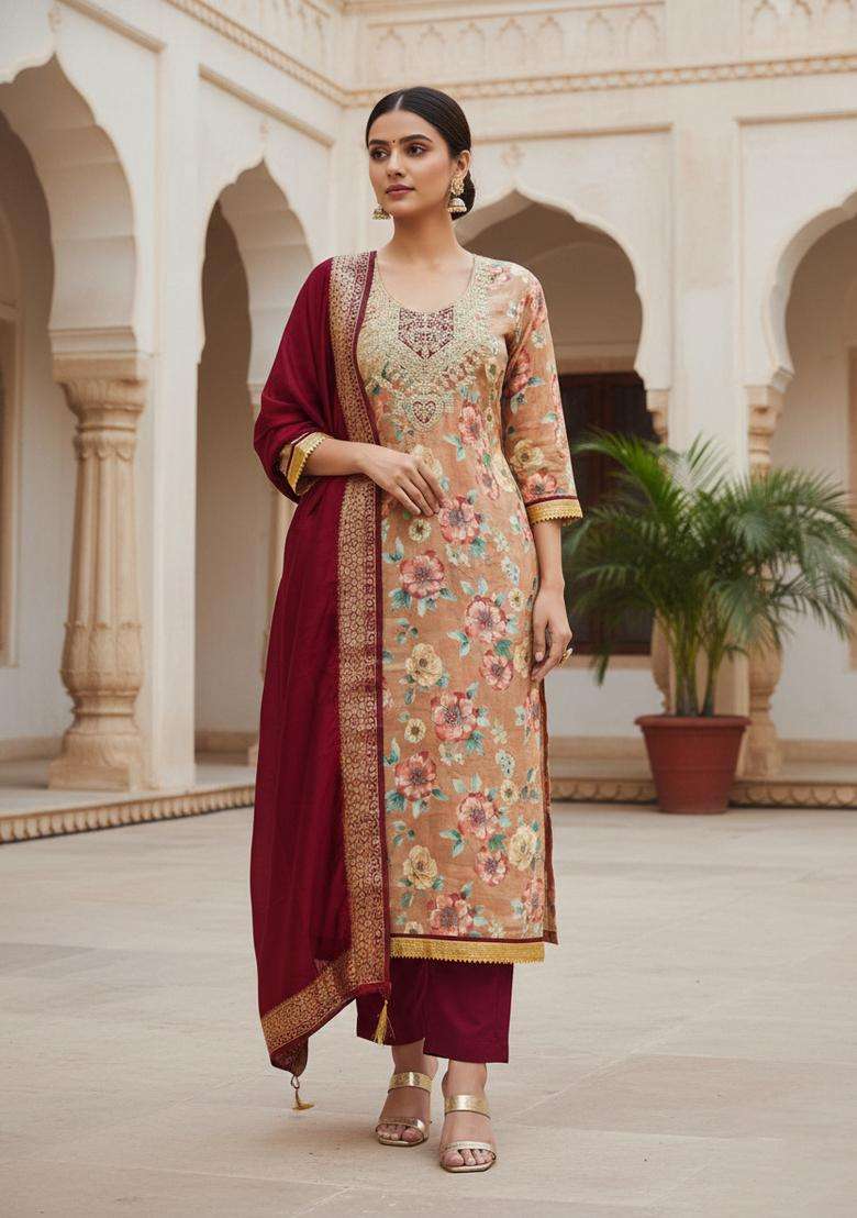 Beige Embroidery Chanderi Kurta Set - Indya