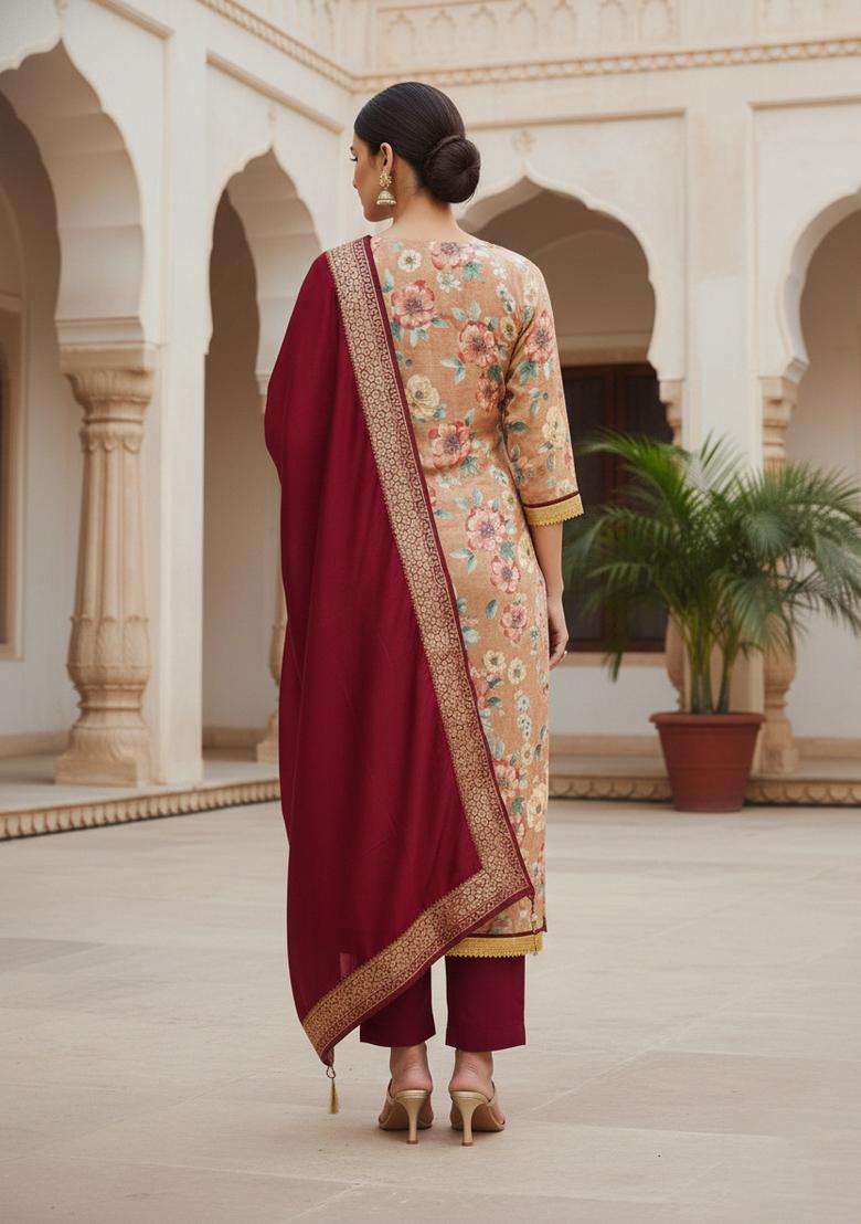 Beige Embroidery Chanderi Kurta Set - Indya