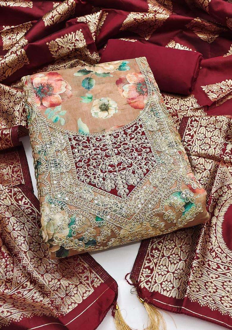 Beige Embroidery Chanderi Kurta Set - Indya