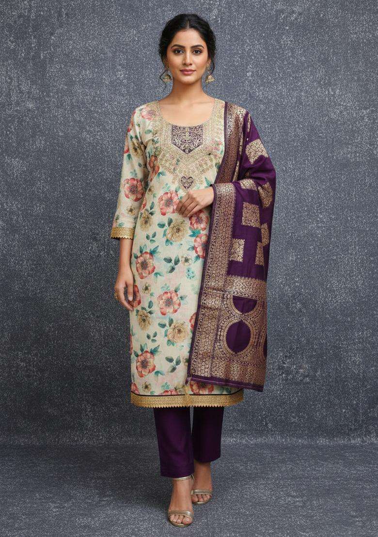 Cream Embroidery Chanderi Kurta Set - Indya