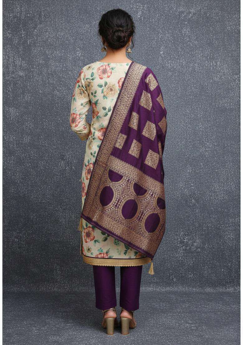 Cream Embroidery Chanderi Kurta Set - Indya