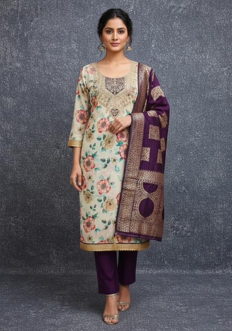 Cream Embroidery Chanderi Kurta Set