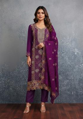 Wine Embroidery Georgette Kurta Set