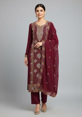Maroon Embroidery Georgette Kurta Set