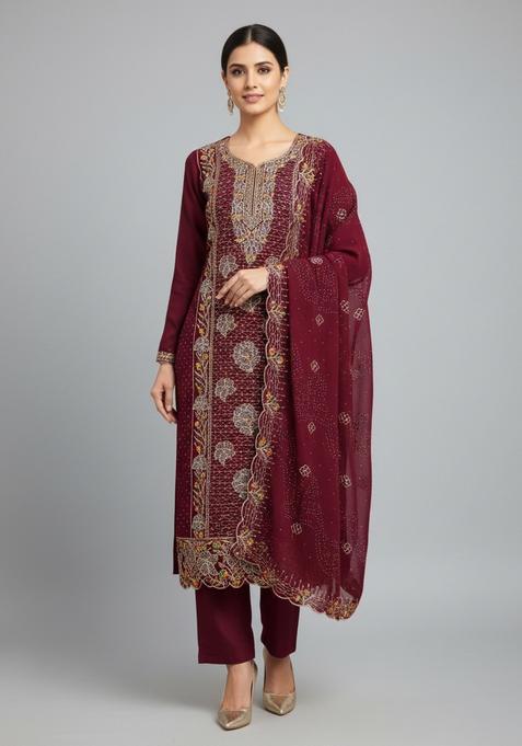 Maroon Embroidery Georgette Kurta Set