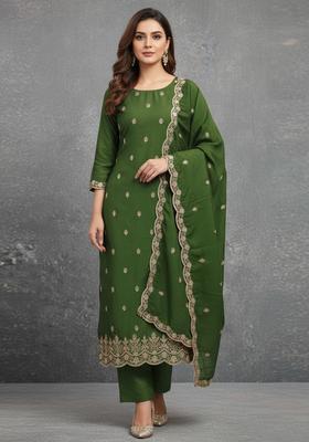 Green Embroidery Silk Kurta Set