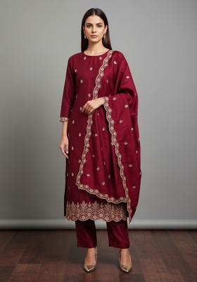 Maroon Embroidery Silk Kurta Set