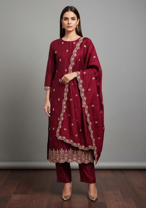 Maroon Embroidery Silk Kurta Set