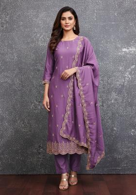 Purple Embroidery Silk Kurta Set