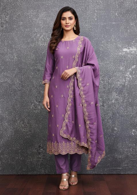 Purple Embroidery Silk Kurta Set