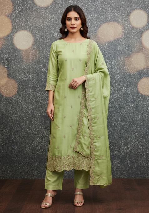 Sea Green Embroidery Silk Kurta Set