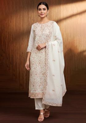 White Embroidery Silk Kurta Set