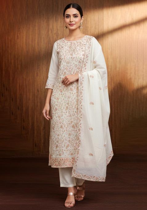White Embroidery Silk Kurta Set