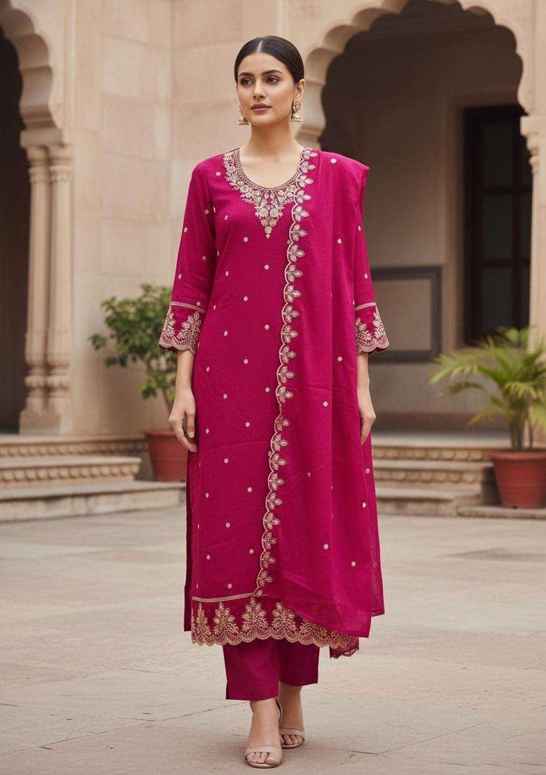 Magenta Embroidery Silk Kurta Set - Indya