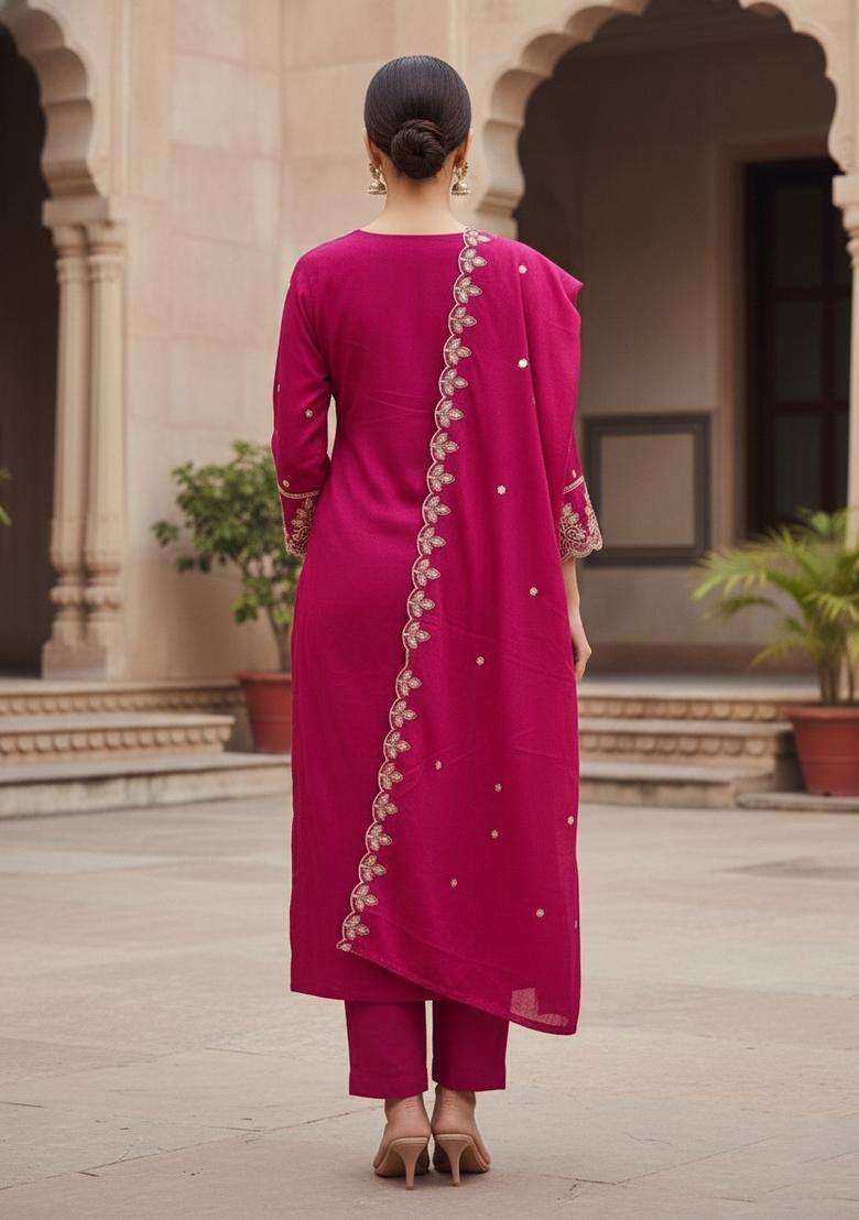 Magenta Embroidery Silk Kurta Set - Indya