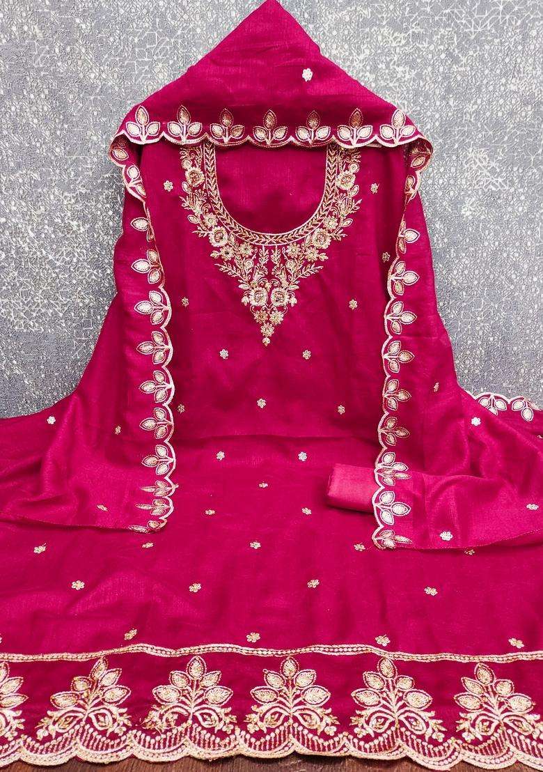 Magenta Embroidery Silk Kurta Set - Indya