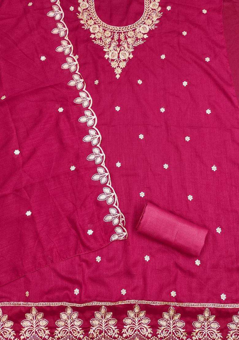 Magenta Embroidery Silk Kurta Set - Indya