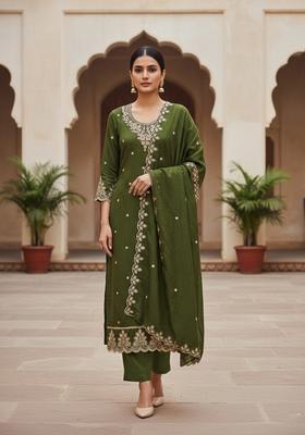 Green Embroidery Silk Kurta Set