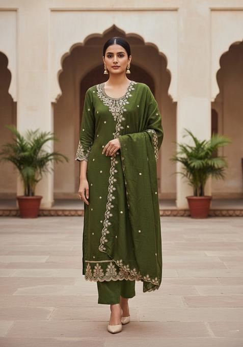 Green Embroidery Silk Kurta Set