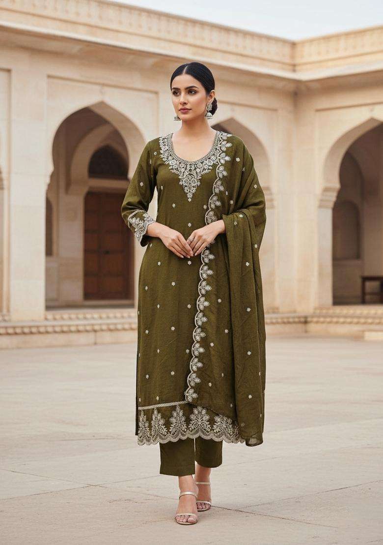Olive Embroidery Silk Kurta Set - Indya