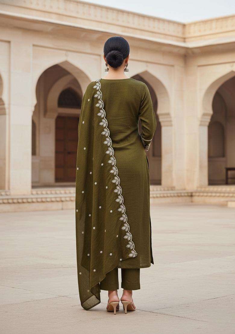 Olive Embroidery Silk Kurta Set - Indya