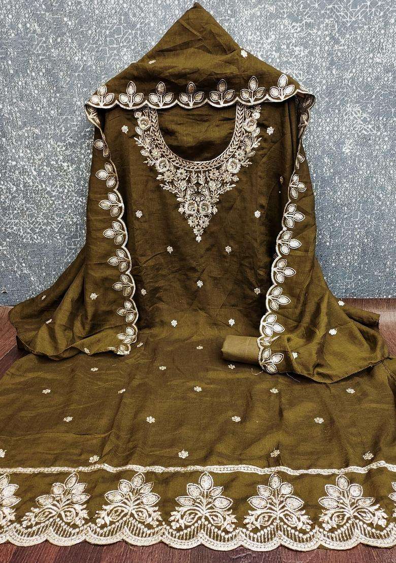 Olive Embroidery Silk Kurta Set - Indya