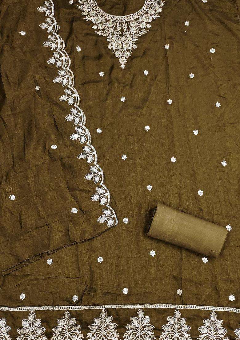 Olive Embroidery Silk Kurta Set - Indya