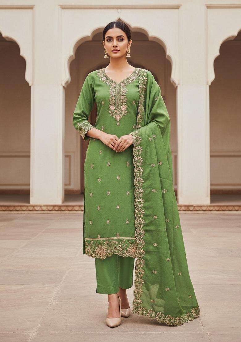 Green Embroidery Silk Kurta Set - Indya